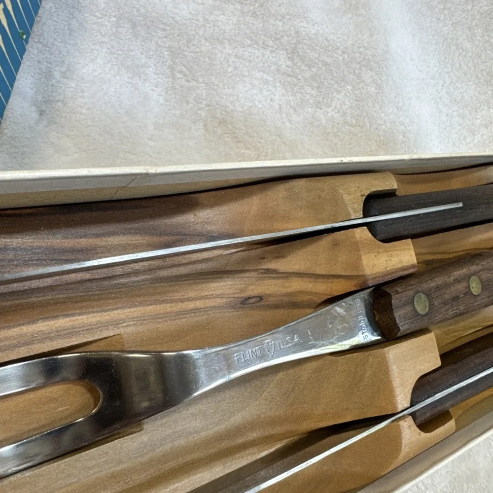 Vtg. EKCO FLINT Cutlery Set Stainless Vanadium Carving 3pc Set Knife Block & Box